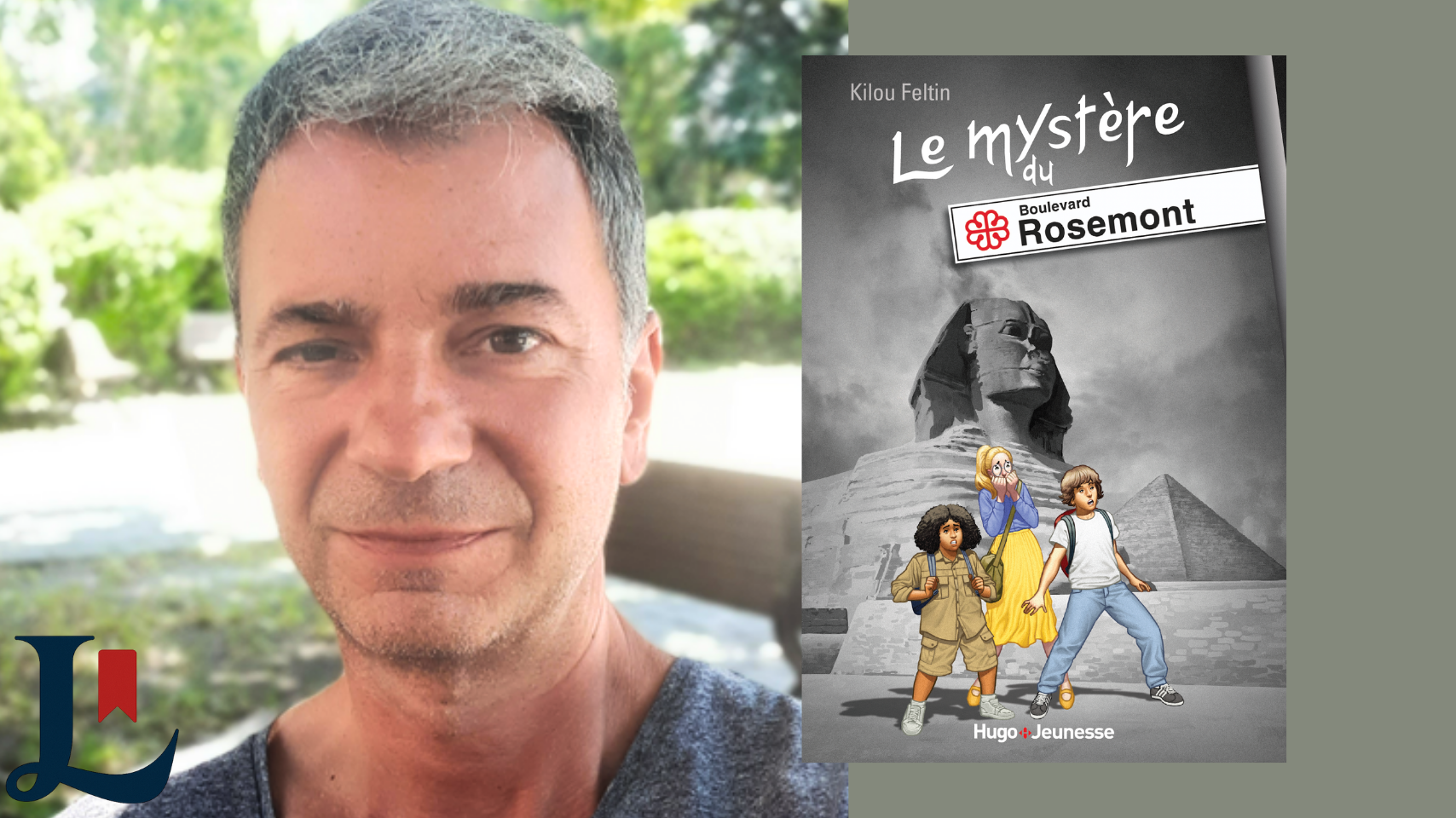 Collage entre l'auteur et la couverture du livre Le mystère du boulevard Rosemont