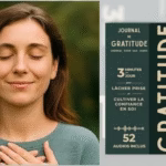 Image promotionnelle du Journal de gratitude – Journal pour 365 jours, un carnet de développement personnel accompagné de 52 audios pour pratiquer la gratitude au quotidien. À gauche, une femme sourit les yeux fermés, symbole de sérénité et de bien-être.