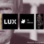 Donald Trump en arrière-plan en noir et blanc avec, au premier plan, les logos de cinq maisons d’édition québécoises : Écosociété, Lux Éditeur, M Éditeur, Moult Éditions et Rue Dorion. Ces éditeurs dénoncent le décret américain visant à classer l’“Antifa” comme organisation terroriste. Image composite avec mention : Photo Donald Trump – Bibliothèque du Congrès