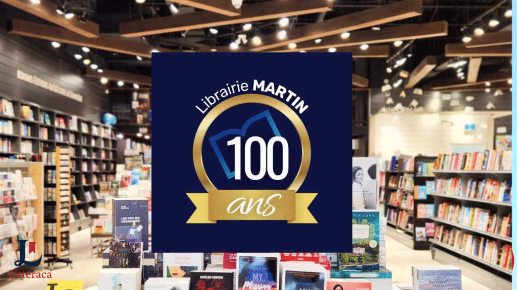 interieur de la librairie avec des livres en rayons et sur table avec un logo Librairie Martin 100 ans