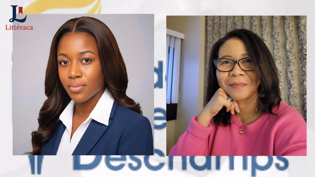 Deux portraits côte à côte : à gauche, une personne portant un blazer bleu marine et une chemise blanche, à droite, une personne vêtue d’un pull rose avec un collier, en arrière-plan un logo Littéraca et du texte partiellement visible « Deschamps ».