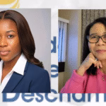 Deux portraits côte à côte : à gauche, une personne portant un blazer bleu marine et une chemise blanche, à droite, une personne vêtue d’un pull rose avec un collier, en arrière-plan un logo Littéraca et du texte partiellement visible « Deschamps ».