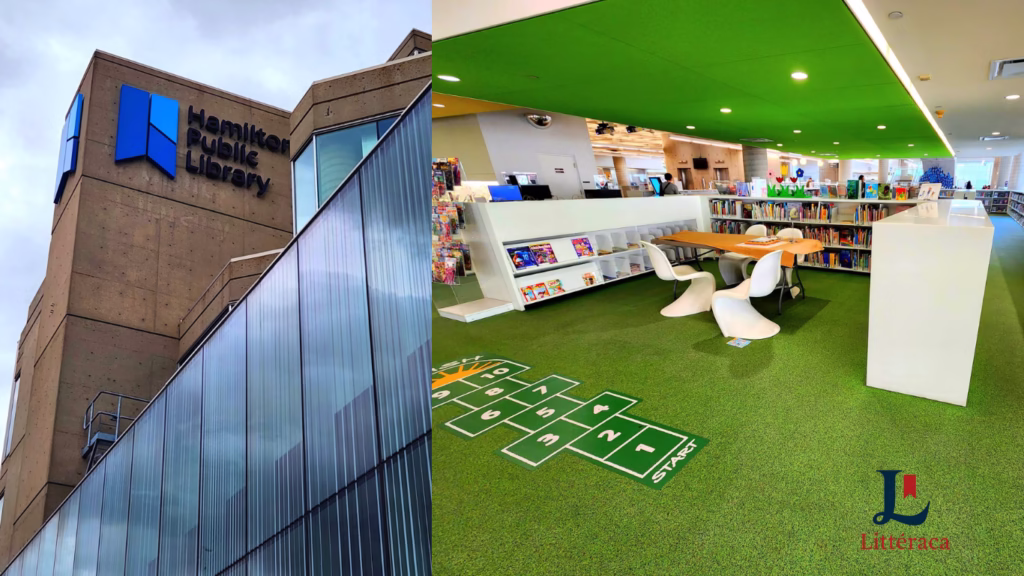 Photo de la Bibliothèque publique de Hamilton. À gauche, la façade moderne en béton et verre avec le logo bleu « Hamilton Public Library ». À droite, l’intérieur lumineux de la section jeunesse avec sol vert, tables blanches, étagères remplies de livres et un jeu de marelle imprimé au sol.