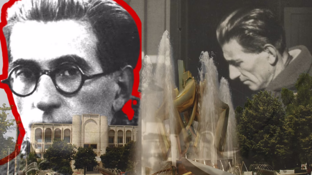 Montage représentant un écrivain du XXᵉ siècle à travers deux portraits en noir et blanc, superposé à des symboles urbains et culturels, dont une fontaine monumentale et un bâtiment institutionnel. L’image évoque la mémoire littéraire et le patrimoine culturel, associant l’auteur aux lieux emblématiques liés à son héritage.