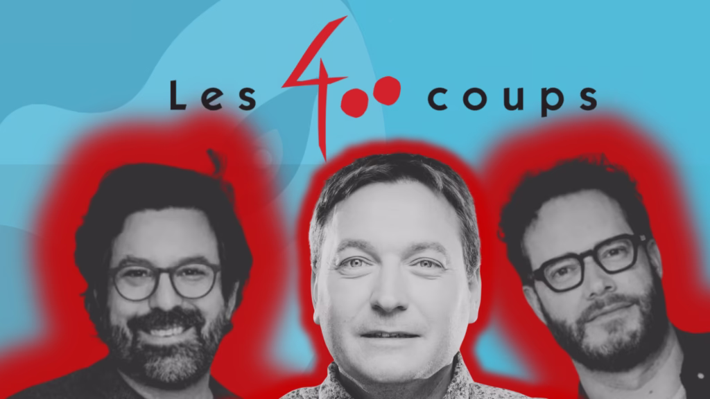 Illustration montrant Renaud Plante, Nicolas Trost et Gautier Langevin nouveaux copropriétaires des Éditions Les 400 coups, placées devant le logo de la maison d’édition sur un fond graphique bleu et rouge.