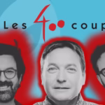 Illustration montrant Renaud Plante, Nicolas Trost et Gautier Langevin nouveaux copropriétaires des Éditions Les 400 coups, placées devant le logo de la maison d’édition sur un fond graphique bleu et rouge.