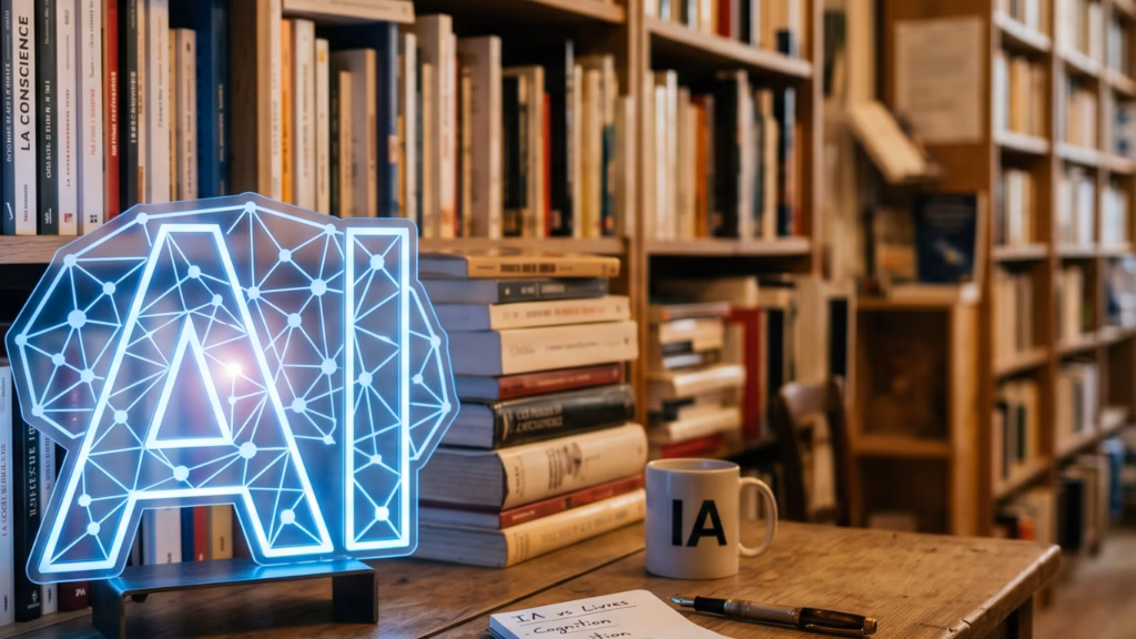Une lampe néon bleue brillante en forme de lettres "AI" avec un motif de réseau est posée sur un bureau en bois. À droite se trouvent une pile de livres, une tasse blanche avec l'inscription "IA", et un stylo sur un carnet ouvert. Le bureau se trouve devant de nombreuses bibliothèques remplies de livres.