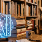 Une lampe néon bleue brillante en forme de lettres "AI" avec un motif de réseau est posée sur un bureau en bois. À droite se trouvent une pile de livres, une tasse blanche avec l'inscription "IA", et un stylo sur un carnet ouvert. Le bureau se trouve devant de nombreuses bibliothèques remplies de livres.